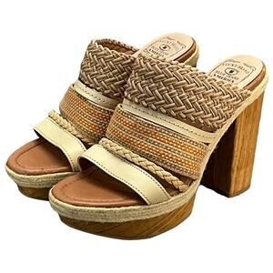 Lucky Brand Mika Peach Open Toe Strappy Mule  4" Platform Chunky Heel Women 9.5